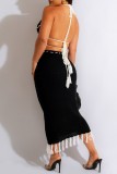 Blue Sexy Solid Tassel Bandage Backless Halter Sleeveless Two Pieces