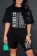 Black Casual Letter Print Basic O Neck Short Sleeve Two Pieces