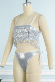 Silver Sexy Patchwork Tassel Sequins Backless Swimwears (Without Paddings)