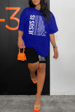 Blue Casual Letter Print Basic O Neck Short Sleeve Two Pieces