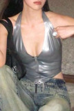 Black Sexy Solid Patchwork Asymmetrical Zipper Halter Tops