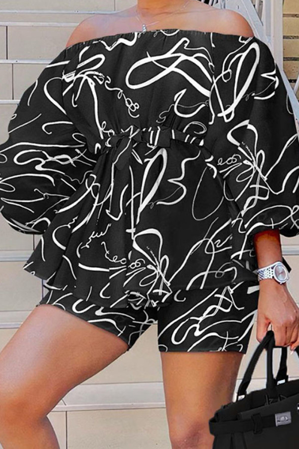 Black And White Casual Elegant Print Patchwork Off the Shoulder Three Quarter Two Pieces