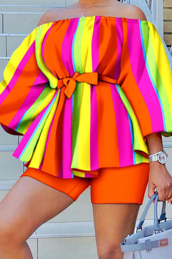 Orange Casual Elegant Print Patchwork Off the Shoulder Three Quarter Two Pieces