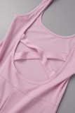 Pink Sexy Casual Sportswear Solid Backless U Neck Skinny Romper