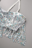 Silver Sexy Patchwork Tassel Sequins Backless Swimwears (Without Paddings)