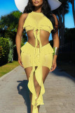 Light Yellow Sexy Solid Patchwork See-through Flounce O Neck Sleeveless Two Pieces