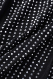 Black Sexy Solid Bandage Patchwork See-through Hot Drill Long Sleeve Two Pieces