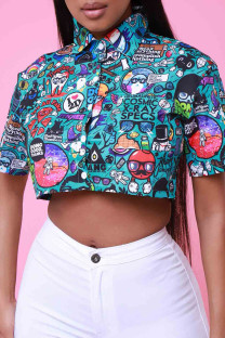 Blue Casual Print Patchwork Buckle Turndown Collar Tops