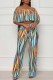 Sky Blue Casual Print Backless Off the Shoulder Short Sleeve Two Pieces
