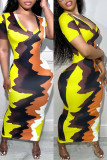 Yellow Casual Print Patchwork V Neck Short Sleeve Dress Dresses