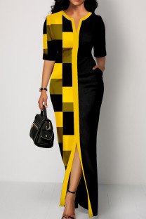 Yellow Casual Plaid Print Patchwork V Neck Straight Dresses