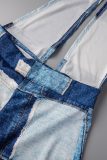 Blue Sexy Plaid Print Patchwork Backless Halter Straight Jumpsuits