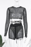 Black Sexy Solid Bandage Patchwork See-through Hot Drill Long Sleeve Two Pieces