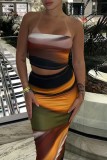 Brown Sexy Print Backless Strapless Sleeveless Two Pieces