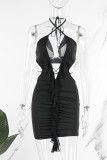 Colour Sexy Solid Patchwork Flounce Halter Pencil Skirt Dresses