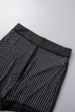 Black Sexy Solid Bandage Patchwork See-through Hot Drill Long Sleeve Two Pieces