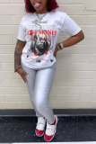 White Casual Daily Print Patchwork O Neck T-Shirts