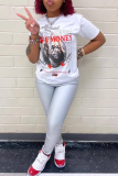 White Casual Daily Print Patchwork O Neck T-Shirts