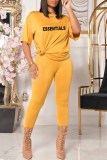 Red Casual Print Letter O Neck Short Sleeve Two Pieces