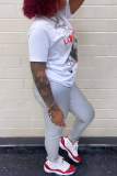 White Casual Daily Print Patchwork O Neck T-Shirts