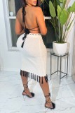 White Sexy Solid Tassel Bandage Backless Halter Sleeveless Two Pieces