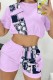 Purple Casual Print Patchwork O Neck Short Sleeve Two Pieces