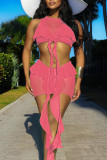 Pink Sexy Solid Patchwork See-through Flounce O Neck Sleeveless Two Pieces