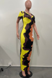 Yellow Casual Print Patchwork V Neck Short Sleeve Dress Dresses