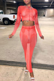 Red Sexy Print Patchwork See-through O Neck Long Sleeve Two Pieces