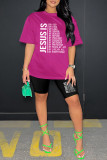 Red Casual Letter Print Basic O Neck Short Sleeve Two Pieces