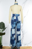 Blue Sexy Plaid Print Patchwork Backless Halter Straight Jumpsuits
