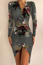 Grey Sexy Elegant Print Patchwork Fold V Neck Irregular Dress Dresses