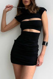 Dark Gray Sexy Solid Hollowed Out Patchwork O Neck Pencil Skirt Dresses