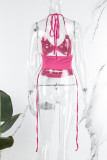 Rose Red Sexy Solid Hollowed Out Patchwork Halter Tops