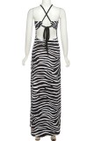 Black Sexy Casual Print Bandage Backless Spaghetti Strap Long Dress Dresses