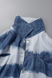 Light Blue Casual Street Striped Print Bandage Patchwork Buckle Turndown Collar Regular Rompers