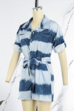 Light Blue Casual Street Striped Print Bandage Patchwork Buckle Turndown Collar Regular Rompers