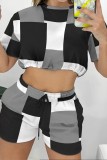 Black White Casual Print Patchwork O Neck Short Sleeve Two Pieces