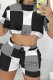 Black White Casual Print Patchwork O Neck Short Sleeve Two Pieces