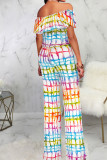 Colour Casual Print Patchwork Flounce Off the Shoulder Straight Jumpsuits
