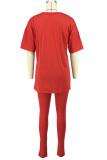 Red Casual Print Letter O Neck Short Sleeve Two Pieces