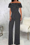 Colour Casual Print Patchwork Flounce Off the Shoulder Straight Jumpsuits