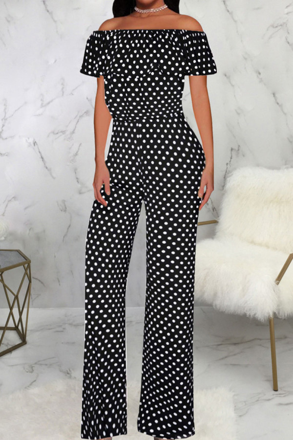 Black And White Casual Print Patchwork Flounce Off the Shoulder Straight Jumpsuits