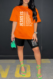 Orange Casual Letter Print Basic O Neck Short Sleeve Two Pieces