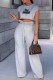 Grey Casual Letter Print Basic O Neck Short Sleeve Two Pieces
