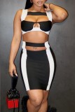 Black Sexy Patchwork Hollowed Out Backless Contrast Mandarin Collar Sleeveless Two Pieces