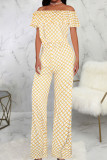 Colour Casual Print Patchwork Flounce Off the Shoulder Straight Jumpsuits