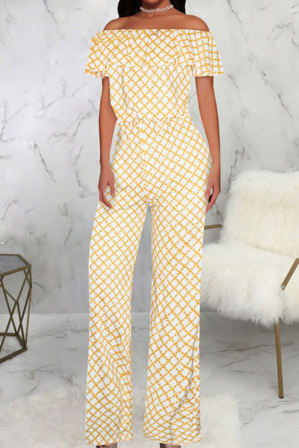 White Gold Casual Print Patchwork Flounce Off the Shoulder Straight Jumpsuits