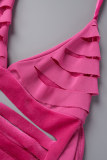 Rose Red Sexy Solid Hollowed Out Patchwork Halter Tops