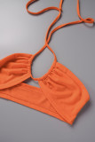Tangerine Red Sexy Street Solid Patchwork Turndown Collar Half Sleeve Two Pieces